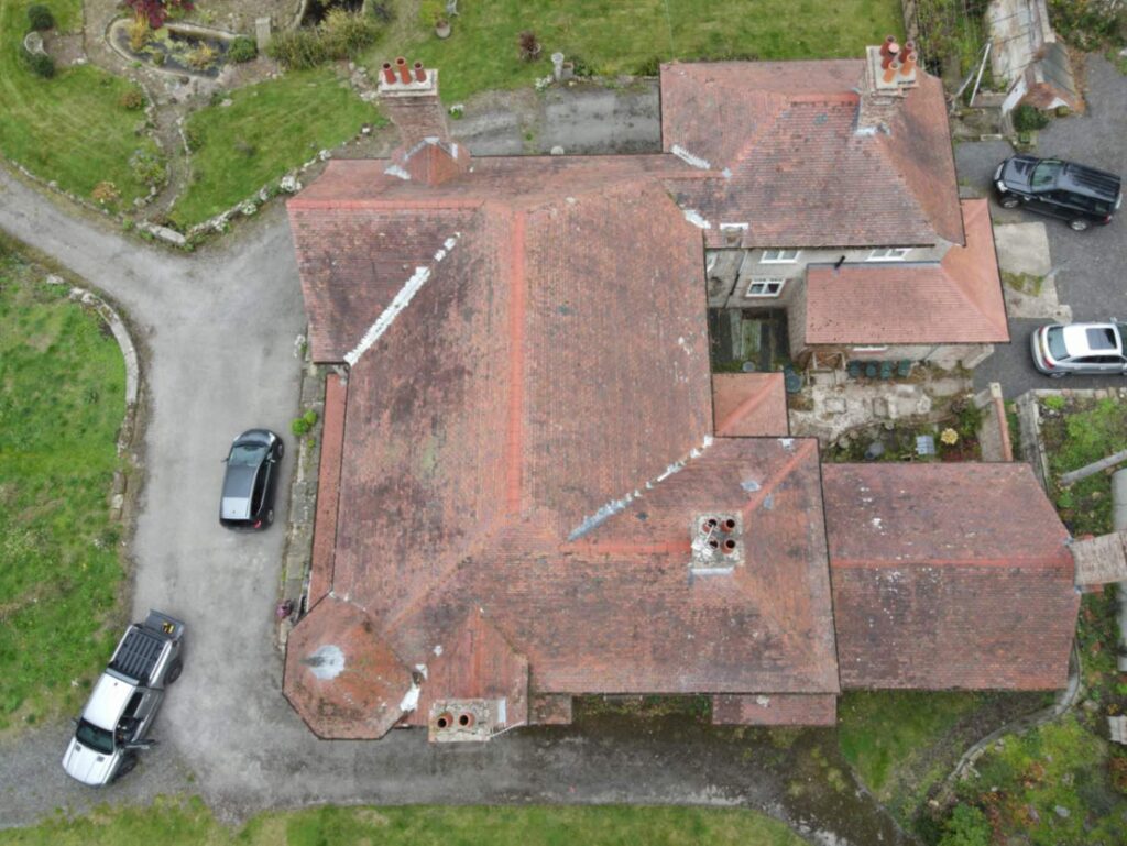 Aerial view of the original clay plain tile roof at Rosedale House, Lastingham, North Yorkshire